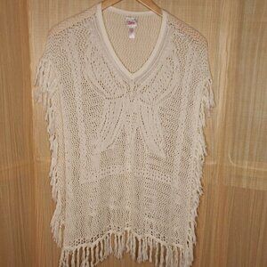 Justice White Fringe Open Knit Poncho 16-18
